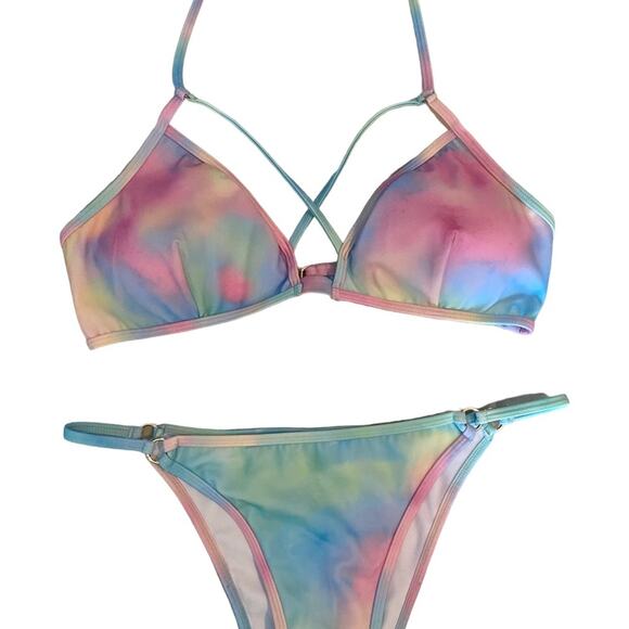 Plumeria Tye Dye 2 pc Bikini Pastel Blues Pinks Size Large Halter String Top NEW - Picture 10 of 14
